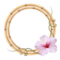 Реалистичный розовый гибискус, китайская роза, круглая рамка из бамбука.