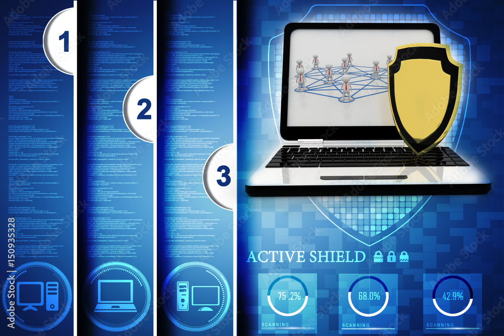Poster laptop with shield. isolated 3d rendering image