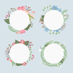 Set of four vector round floral frames for your card or invitation on blue background