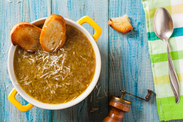 Classic onion soup with croutons.