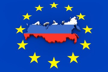 EU flag with cutout of Russia in national colors