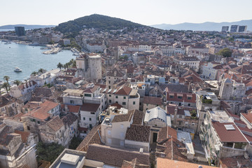 Fototapeta na wymiar View from bell tower in Split to the western part of Diocletians palace with hill Marjan in background