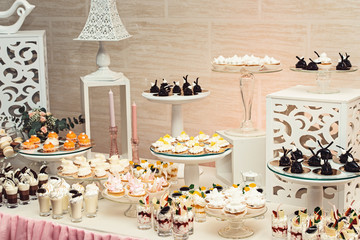 modern stylish luxury wedding candy bar. a wide range of sweets on a wedding cande bar.