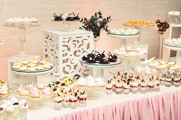 modern stylish luxury wedding candy bar. a wide range of sweets on a wedding cande bar.