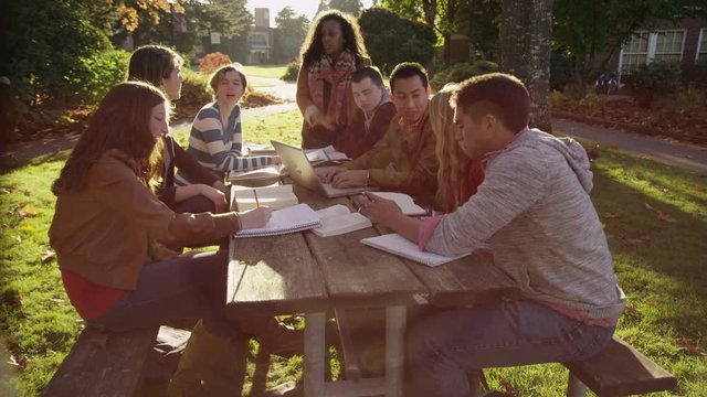 Group of college students on campus meeting outdoors