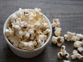popcorn in a bowl on a wooden background