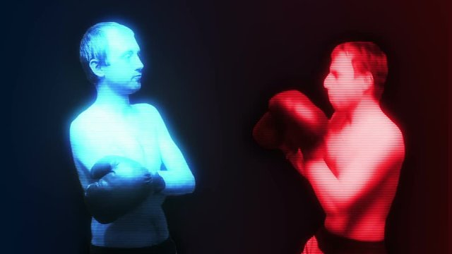 Red and blue holograms of boxers fight each other