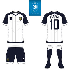 Fototapeta premium Set of soccer kit or football jersey template for football club. Short sleeve football shirt mock up. Front and back view soccer uniform. Flat football logo on blue label. Vector Illustration.