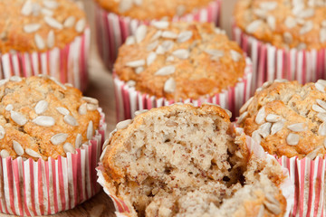 Home Baked Super Food Muffins With Sunflower Seeds, Banana, Oats.