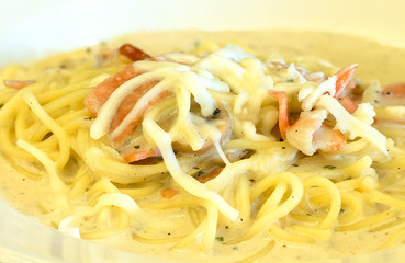 Close up of spaghetti carbonara with bacon dish and cheese on top, spaghetti carbonara