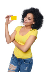 Smiling mixed race african american caucasian woman holding credit card isolated on white background