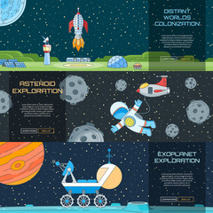 Web banners set on the theme of space. Modern flat illustration with text © Genestro