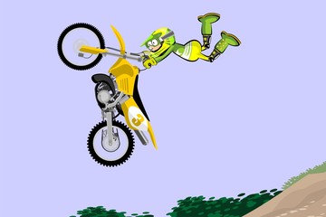 Motocross rider performing a high jump. Cartoon style