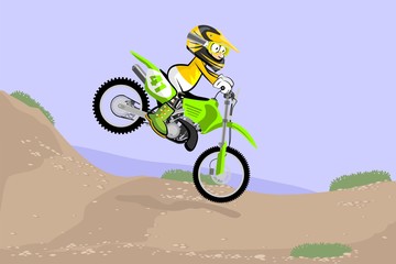 Motocross Racer extreme in dust track. Cartoon Style