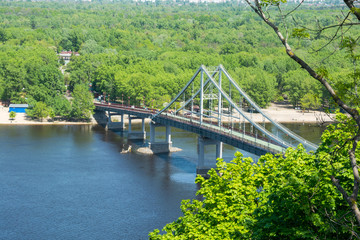 View of the Parkovy Pedestrian Bridge over the Dnieper in Kiev, Ukraine