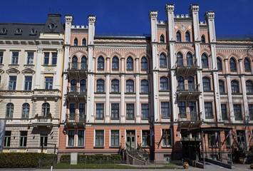 Fototapeta na wymiar Riga, Elizabetes 21, a historical building with elements of Gothic revival and eclecticism