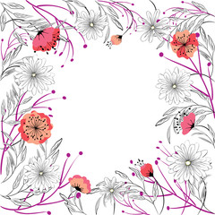 Abstract frame of white and pink flowers and leaves on a white background