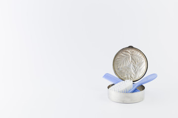 Baby boy luxurious items collection isolated on white background. Comb and hairbrush in a silver...