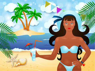 Obraz na płótnie Canvas Summer background with attractive girl and tropical island