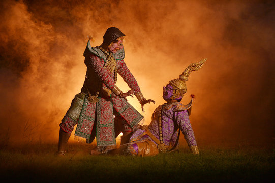 The pantomime (Khon) festival candles,Thai traditional dance of the Ramayana epic drama art,Thailand