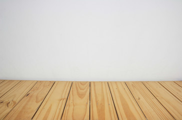 Vintage interior, grunge background of old room from white stone wall and  wooden floor