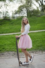 Young woman summer longboard pink skirt tutu ports skirt s