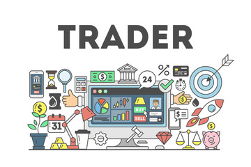 Trader concept illustration. Signs and icons on white background.