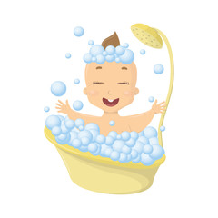 Naklejka premium Baby in bath. Isolated funny baby with foam bathing in tub.