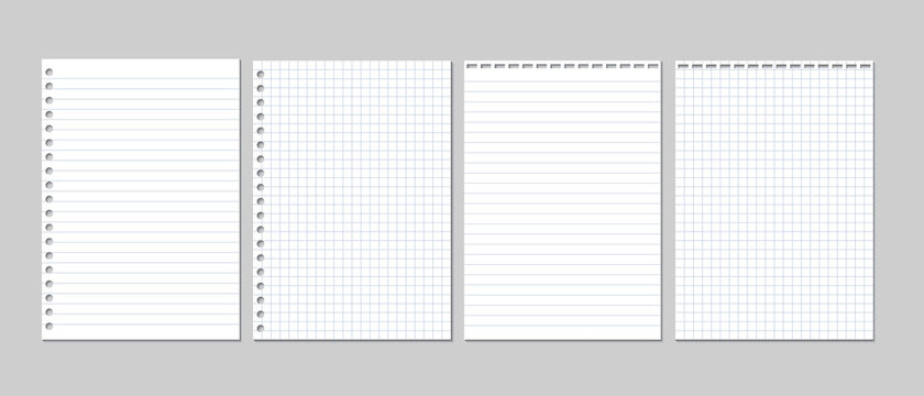 Set of realistic vector illustration of blank sheets of square and lined paper from a block isolated on a gray background