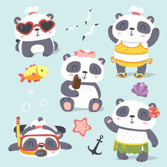 Naklejka premium vector cartoon style cute girl panda summer beach set