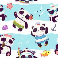 vector cartoon style cute girl panda seamless pattern