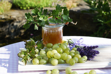 Stachelbeeren und Stachelbeermarmelade mit Dekoration