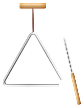 Triangle on a string and metal beater with wooden handle - musical instrument in the percussion family - isolated vector illustration on white background.