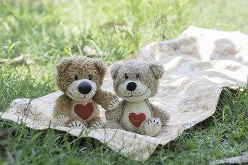 Two teddy bear picnic sitting on fabric.