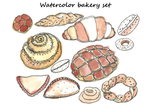 Hand drawn  watercolor bakery set.