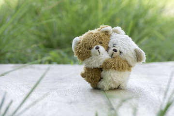 Two teddy bears hugging.  on wooden in garden