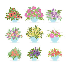 Flower pots set on white background. Colorful summer bouquets.