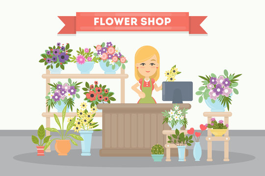 Flower shop saleswoman. Pots with plants and flowers with cashbox.
