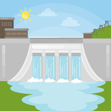 Hydropower dam illustration. Sun with water. Reneable energy