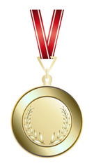 Isolated golden medal on white background. Award with ribbon.