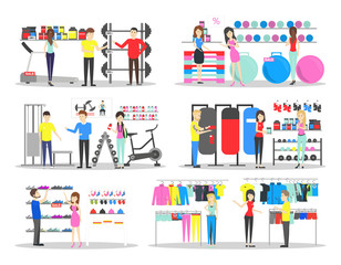 Sport store interior. Salespeople with visitors. Buying sports clothes on white background.