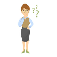 Isolated confused teacher with question marks on white background.