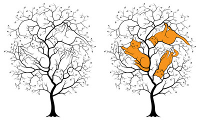 Черный силуэт дерева на белом фоне, среди веток спрятаны контуры трех котов. Загадка с ответом.