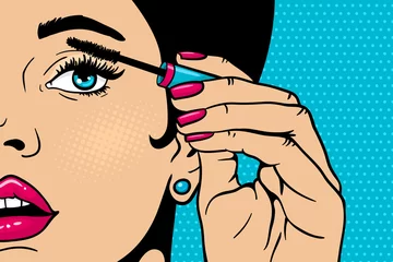 Pop-Art-Make-up. Nahaufnahme eines sexy Mädchens malt ihre Augen mit Wimperntusche in ihrer Hand. Vektorfarbener Hintergrund im Comic-Retro-Pop-Art-Stil. Kosmetik, die auf weibliches Gesicht aufgetragen wird. © irina_levitskaya