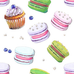 Seamless pattern with colorful macarons and blueberry cupcake