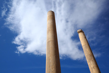 Ruins of Apadana and Tachara Palace behind stairway with bas relief carvings in Persepolis UNESCO World Heritage Site against cloudy blue sky in Shiraz city of Iran.
