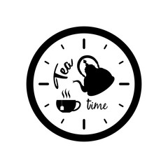 Clock silhouette with tea pot, cup and text Tea Time