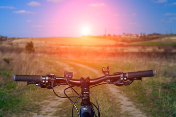 Mountain biking down hill descending fast on bicycle. View from bikers eyes.