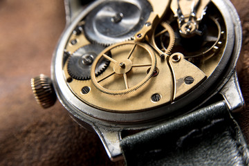 Clockwork details, pinions and wheels closeup