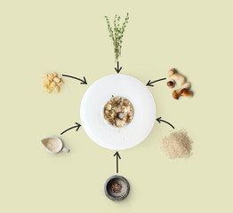 Cooking ingredients for italian risotto with wild mushrooms isolated